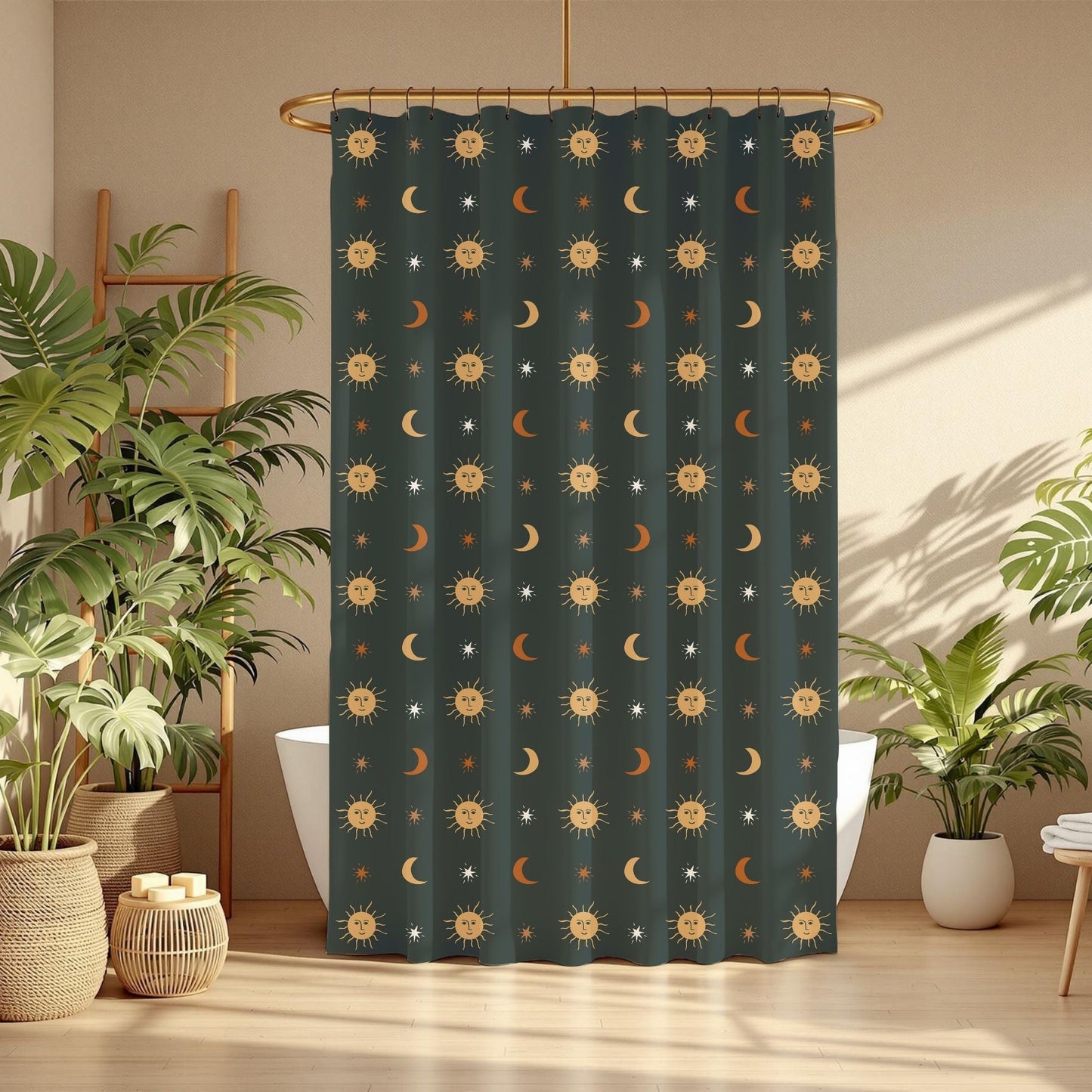 A dark teal shower curtain with a repeating celestial pattern of gold suns, crescent moons, and white stars, hanging in a bright, modern bathroom with potted plants and warm sunlight.