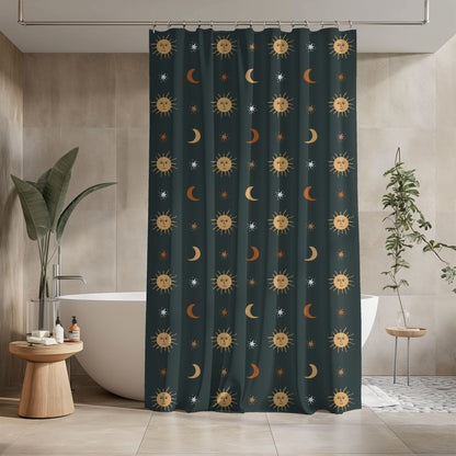 Shower curtain with blue and yellow floral pattern in a bathroom setting