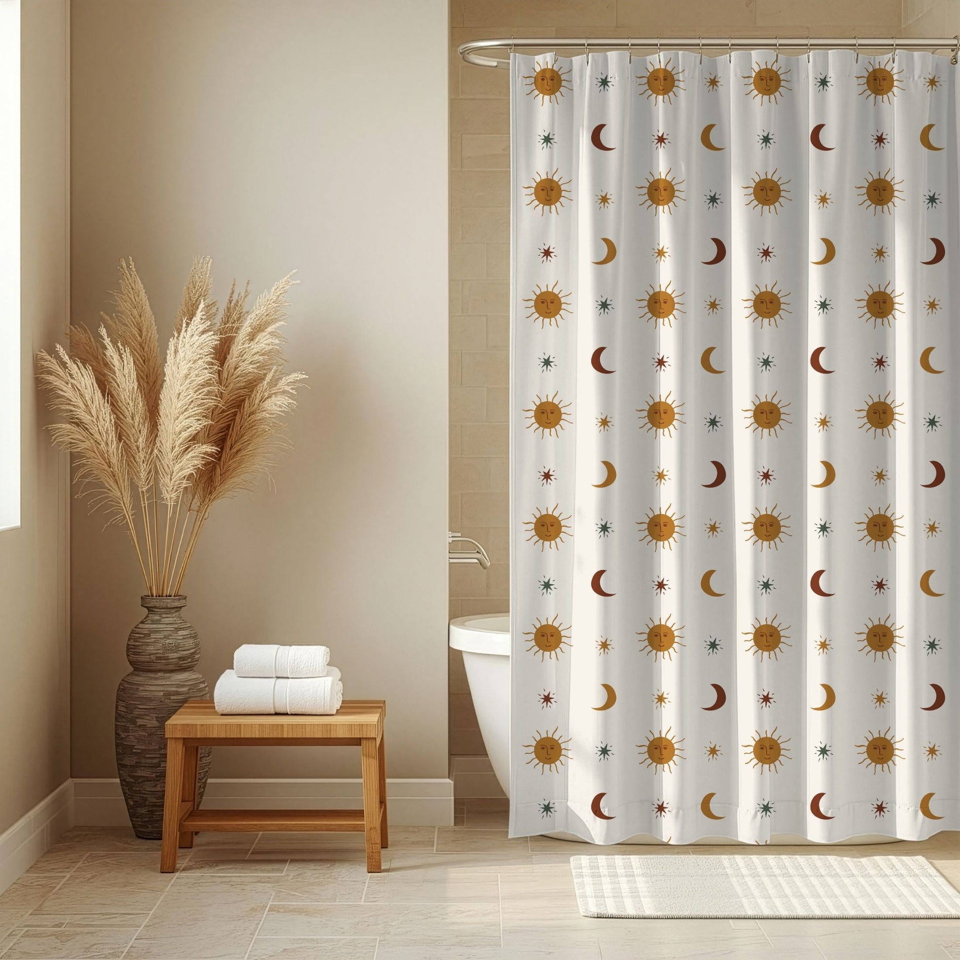 A white shower curtain with a repeating pattern of gold suns, brown and gray crescent moons, and stars, hanging in a bathroom next to a wooden bench with folded towels and a vase of pampas grass.