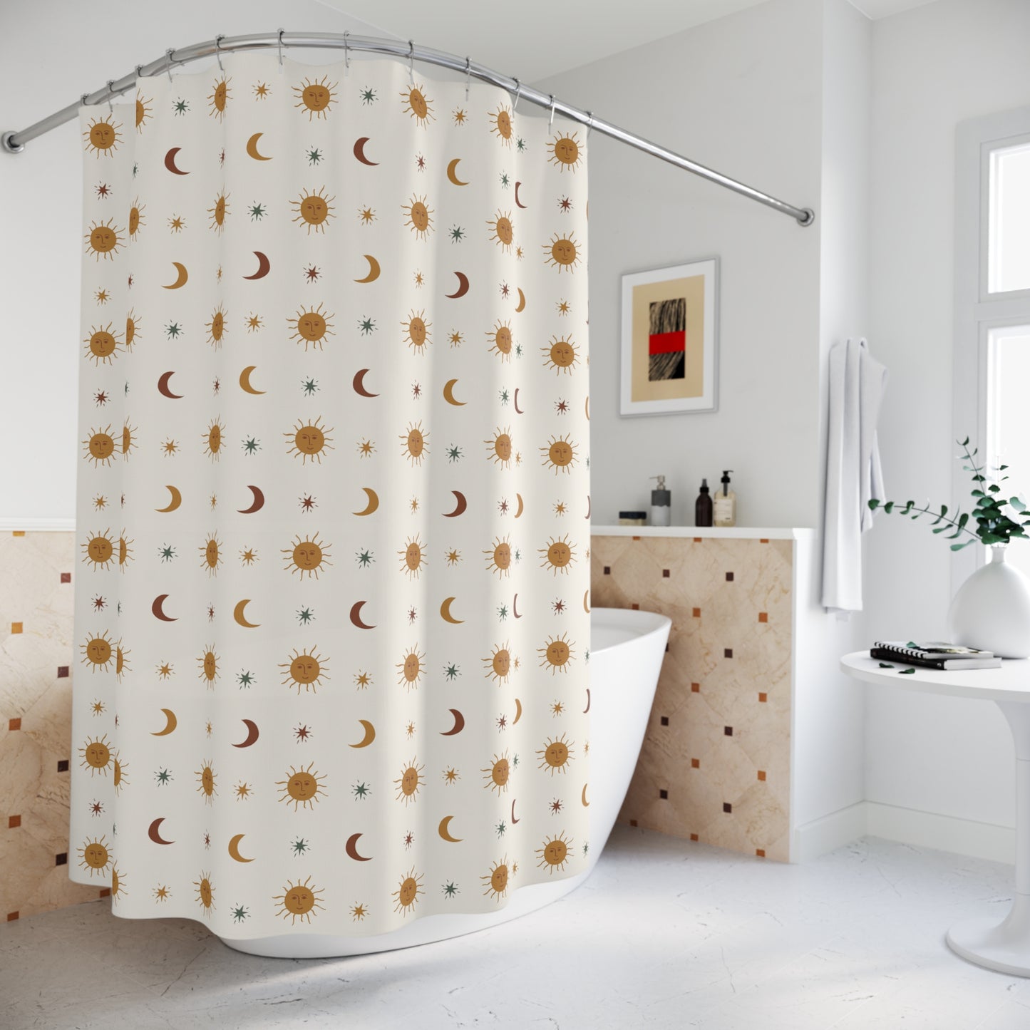 Shower curtain with celestial pattern in a bathroom setting
