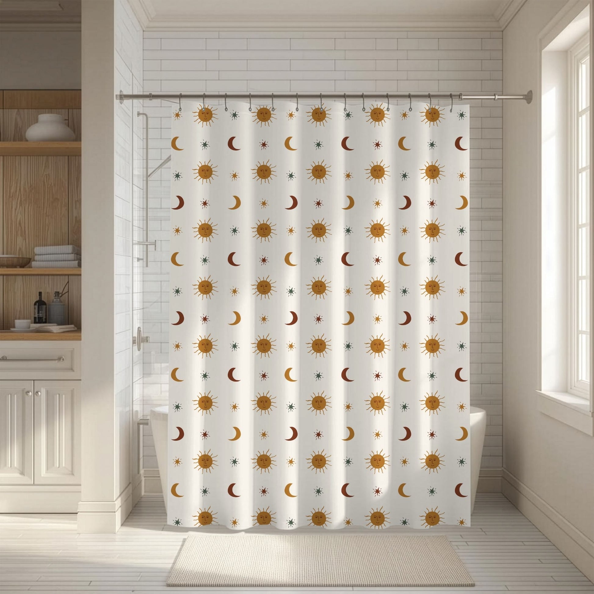 A white shower curtain with a repeating celestial pattern of yellow suns, orange crescent moons, and small blue stars, hanging in a bright, modern bathroom.
