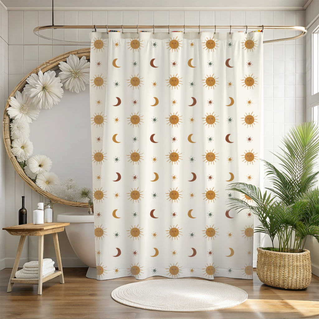 Shower curtain with celestial pattern in a bathroom setting