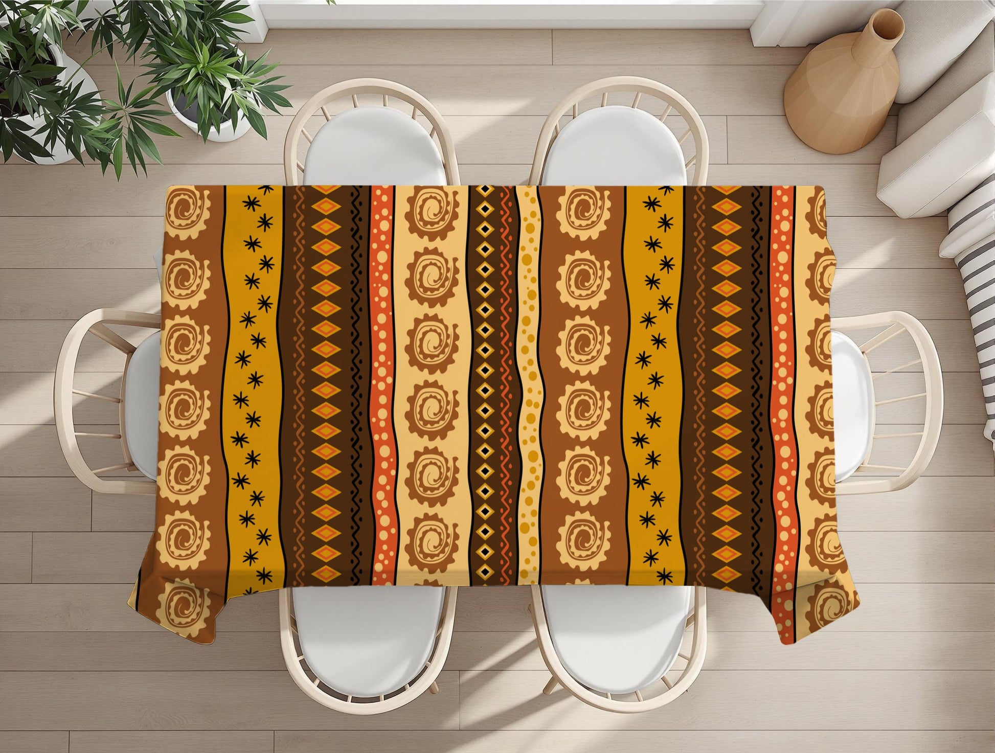 Boho tribal pattern tablecloth in modern kitchen