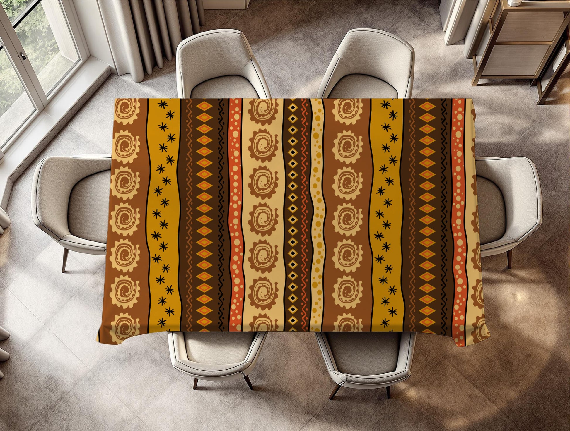 Earth tone African table cover with geometric patterns