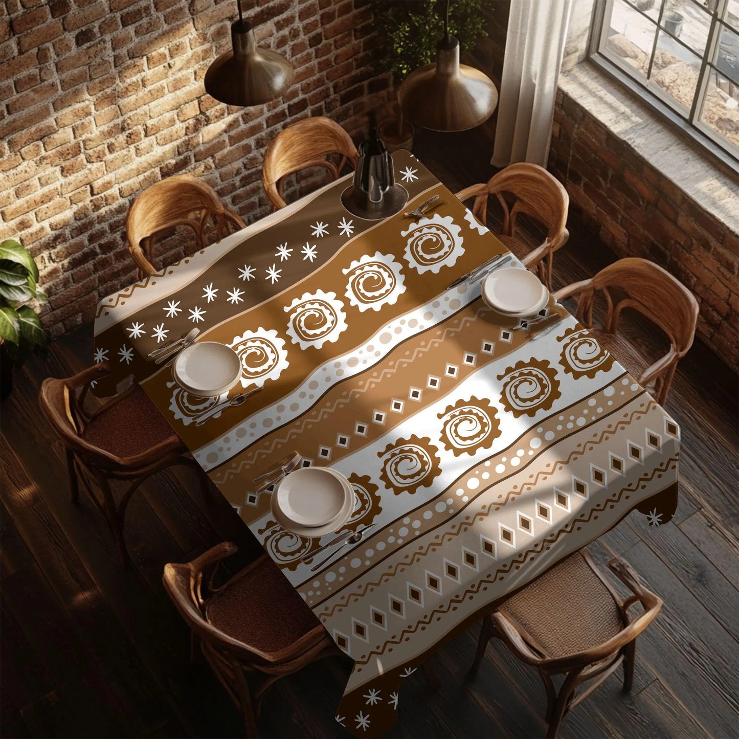 Boho tribal pattern tablecloth in modern kitchen