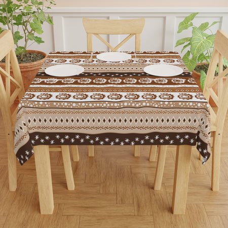Earth tone African table cover with geometric patterns