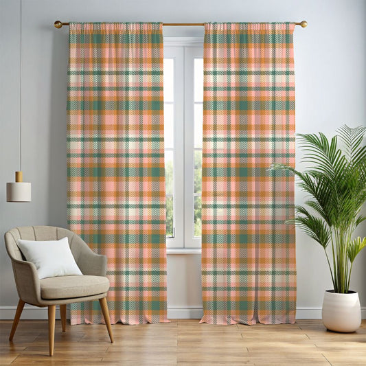 Plaid curtains in a room with a chair, plant, and lamp.
