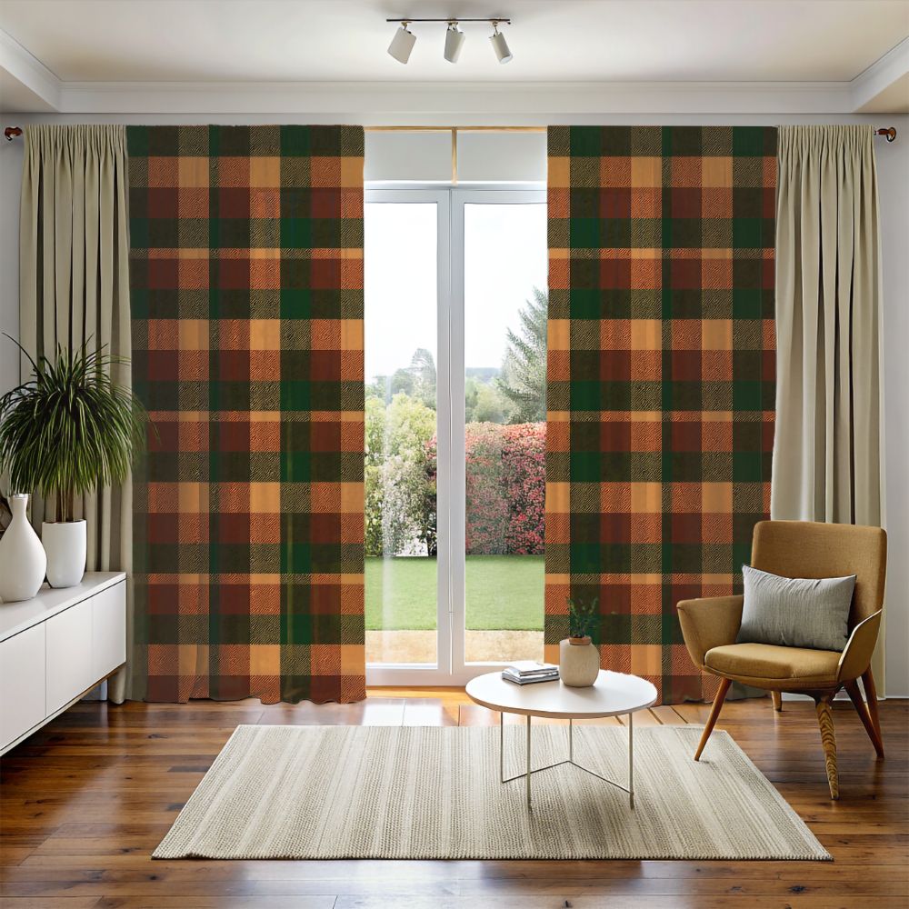 Living room with plaid curtains and a chair.