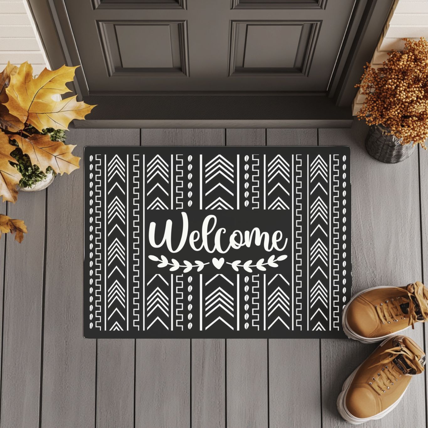 Boho welcome mat in modern entryway