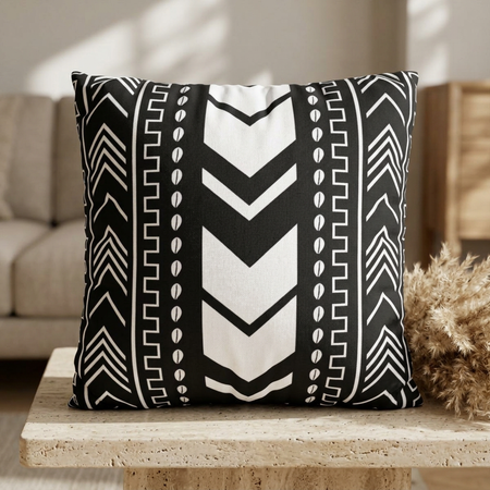 Black and white patterned pillow on a wooden surface with a blurred background