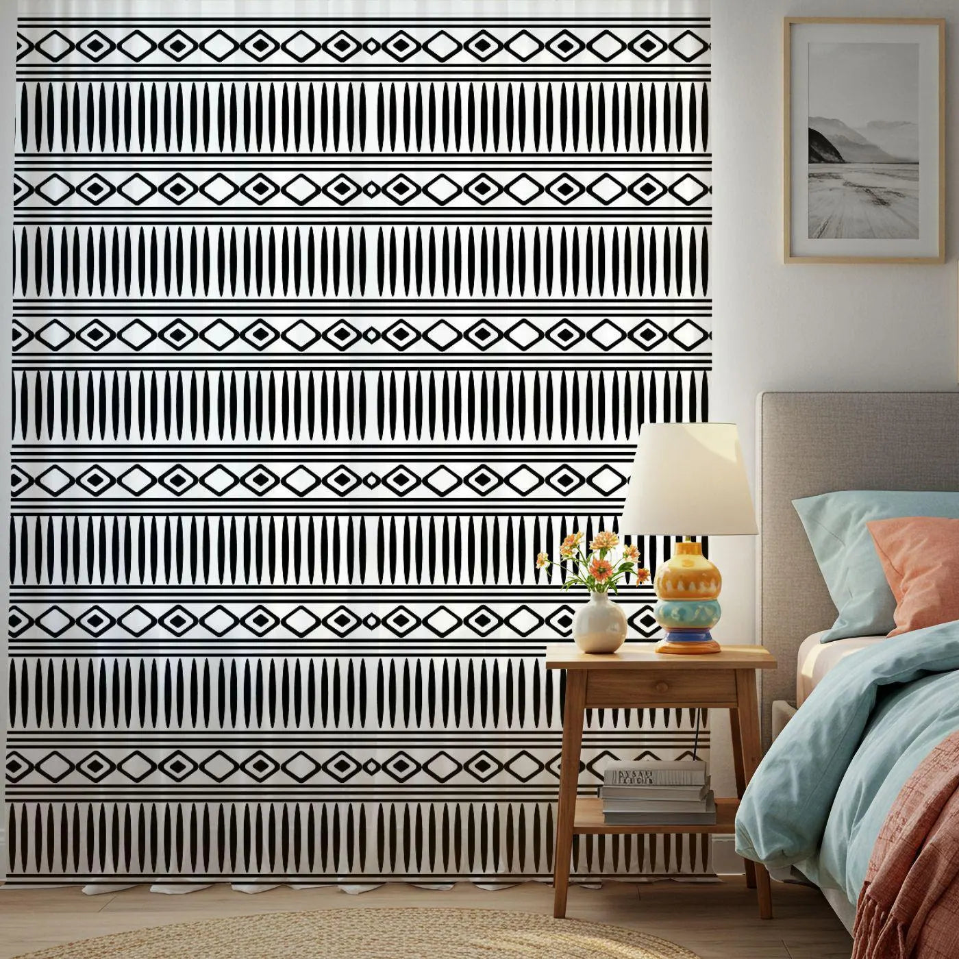 Bedroom with a patterned wall, nightstand, and bed.