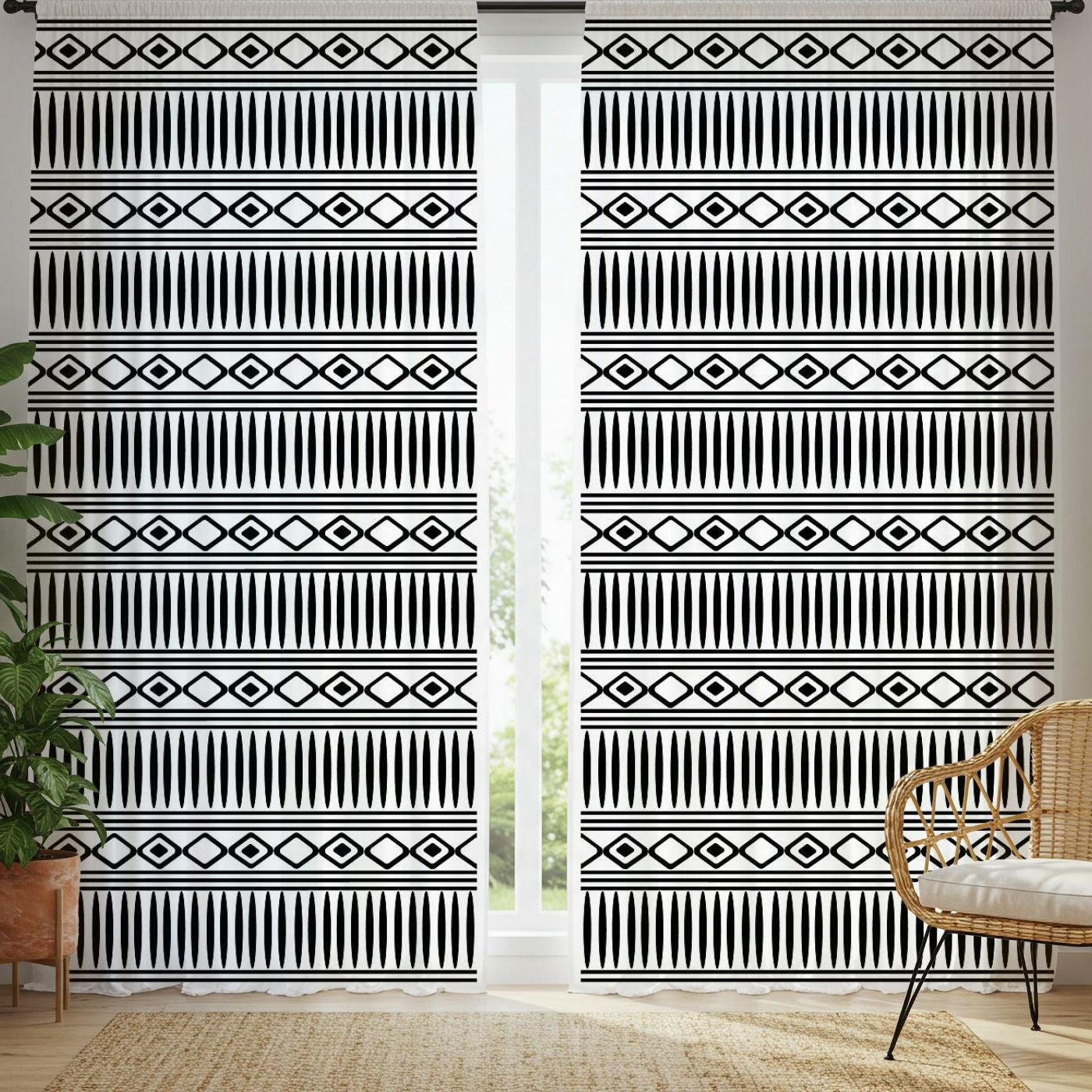 Patterned curtains in a room with a chair and plants