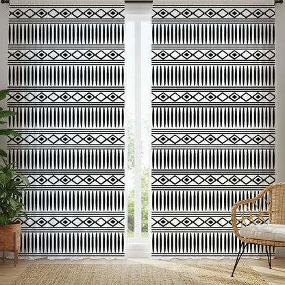 Patterned curtains in a room with a chair and plants