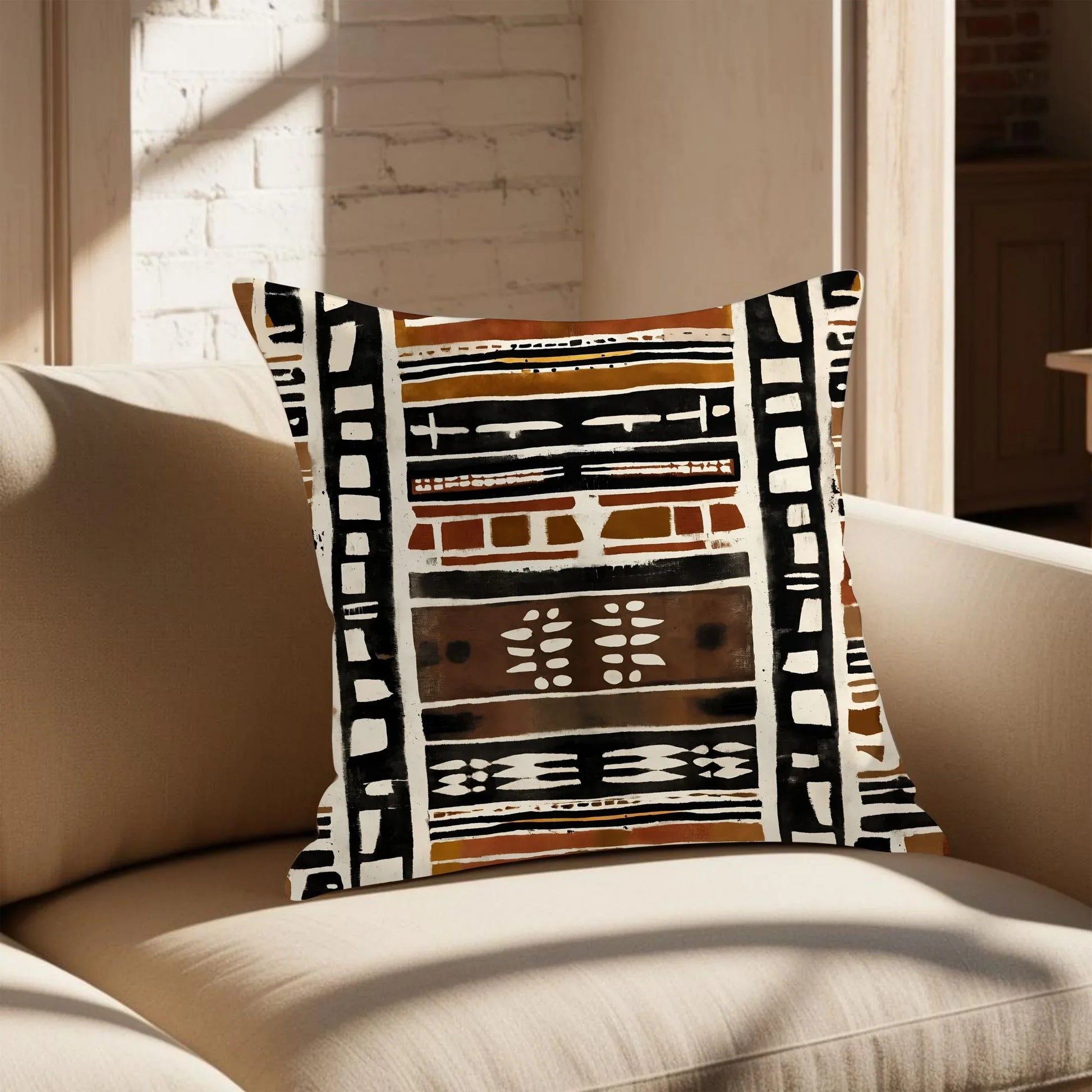 African mud cloth throw pillow with tribal pattern on beige couch in sunlit living room