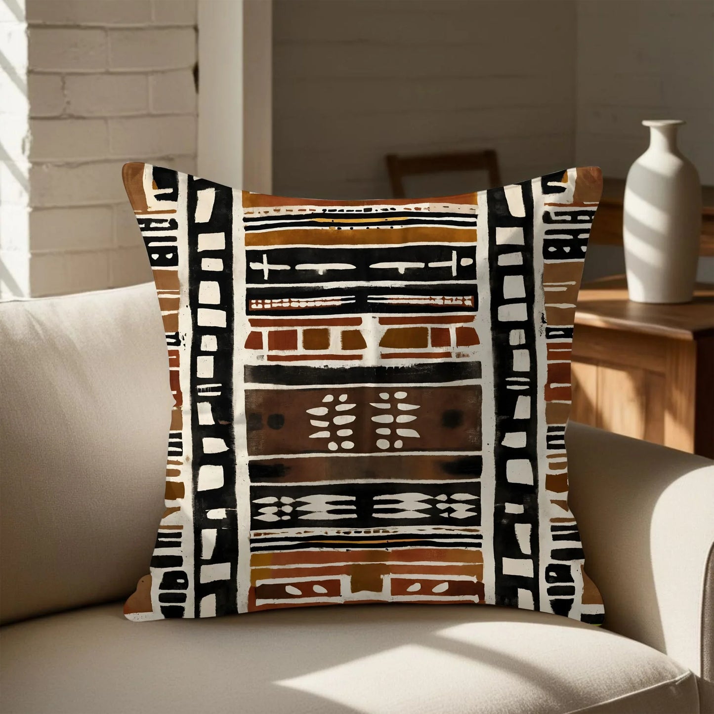 African mud cloth pattern throw pillow on beige sofa in sunlit living room