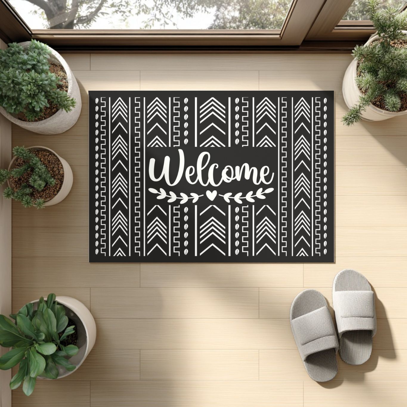 Decorative doormat with 'Welcome' text and Mudcloth patterns on a wooden floor with plants and slippers.