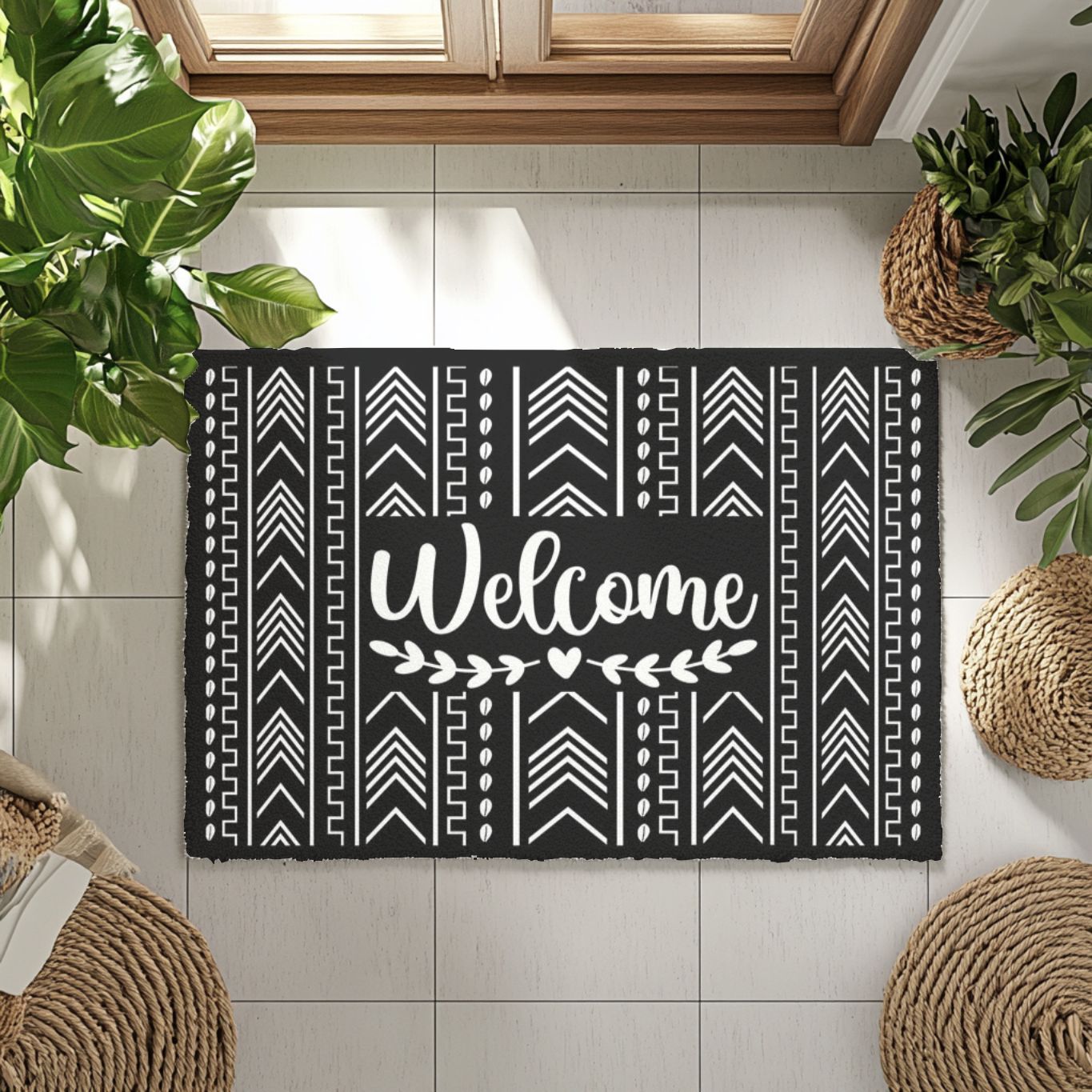 Black doormat with 'Welcome' text on a tiled floor with plants around.