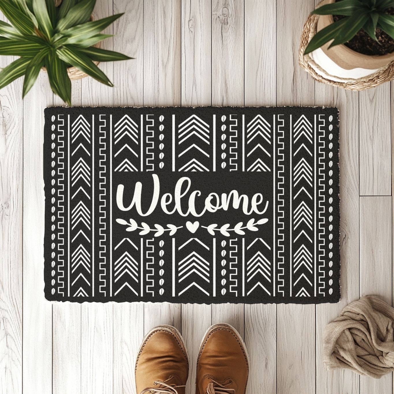 Boho welcome mat in modern entryway