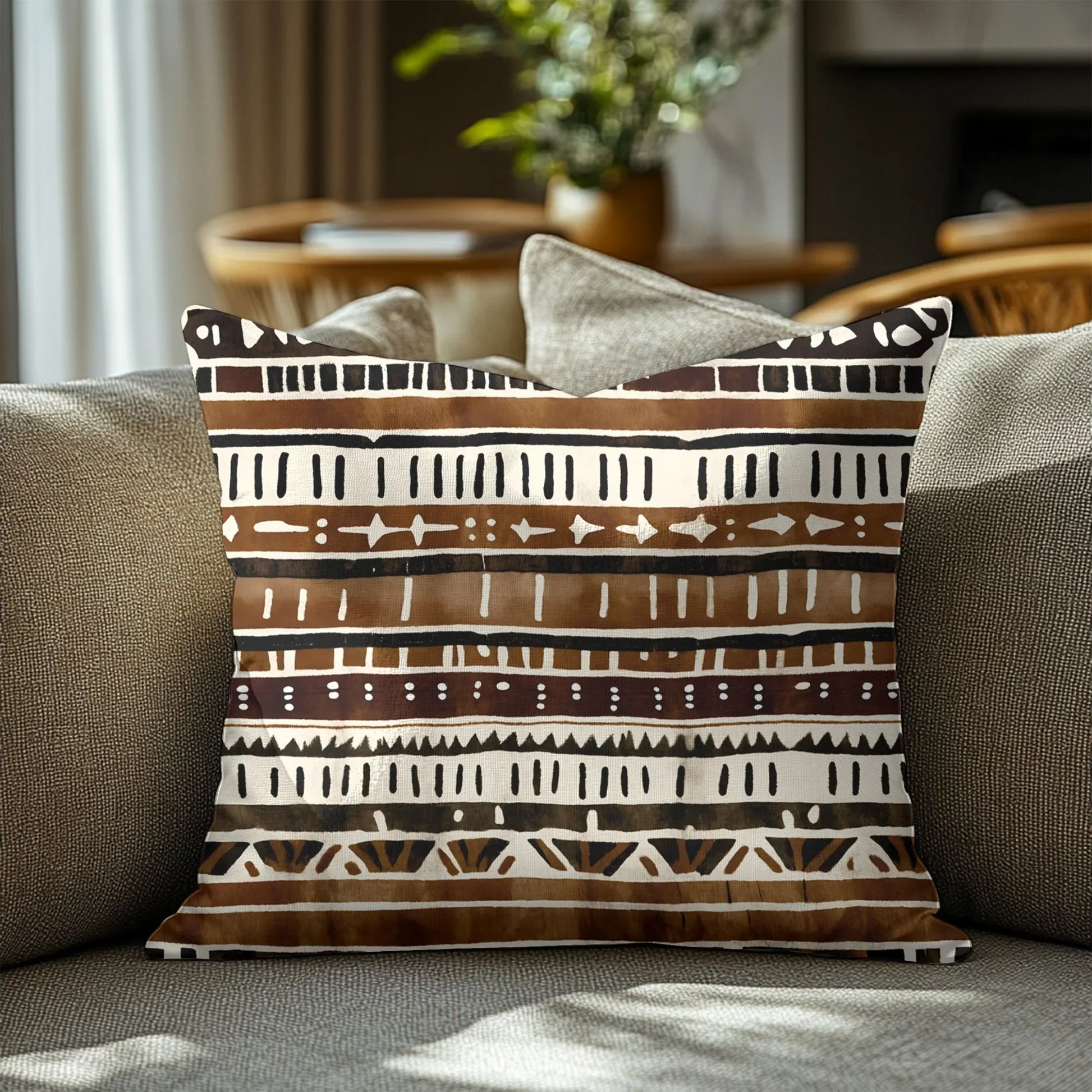 Brown and cream mud cloth pillow with tribal pattern on beige couch in cozy living room