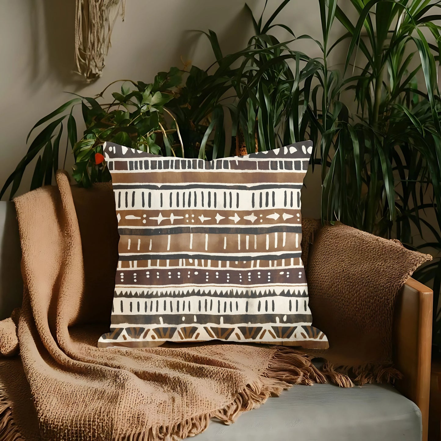 Modern tribal patterned throw pillow on brown blanket in cozy living room with green plants