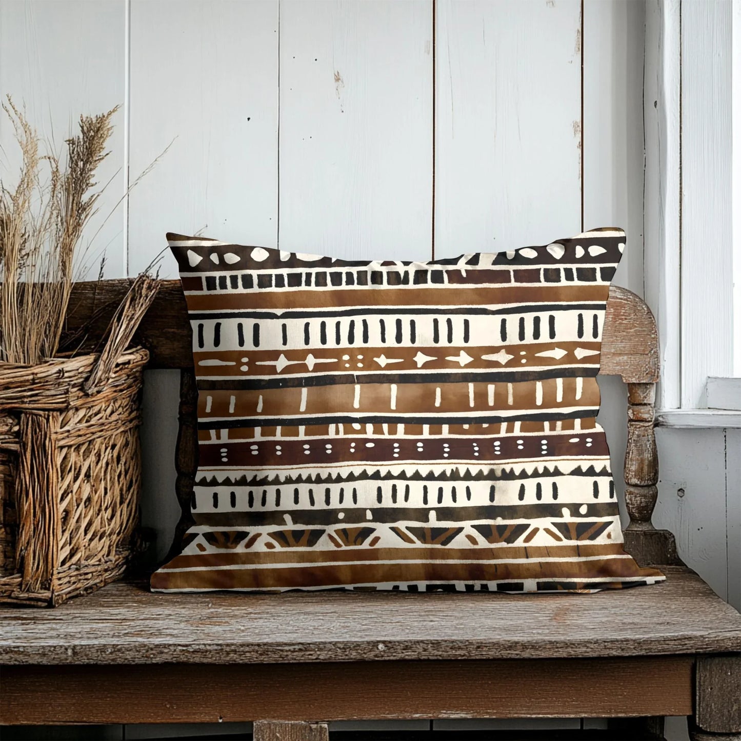 Boho mud cloth pillow with geometric tribal print on rustic wooden bench, farmhouse decor