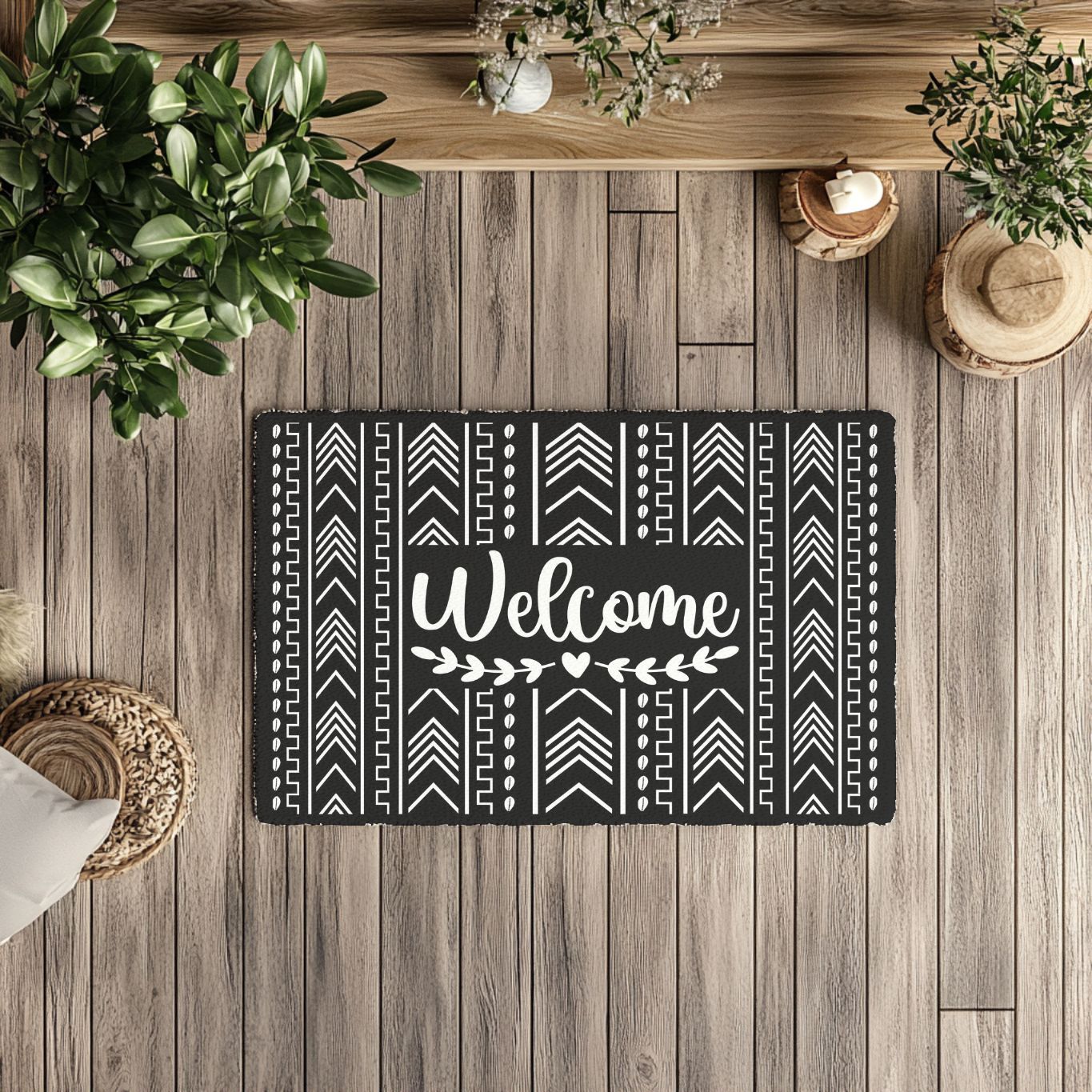 Boho welcome mat in modern entryway