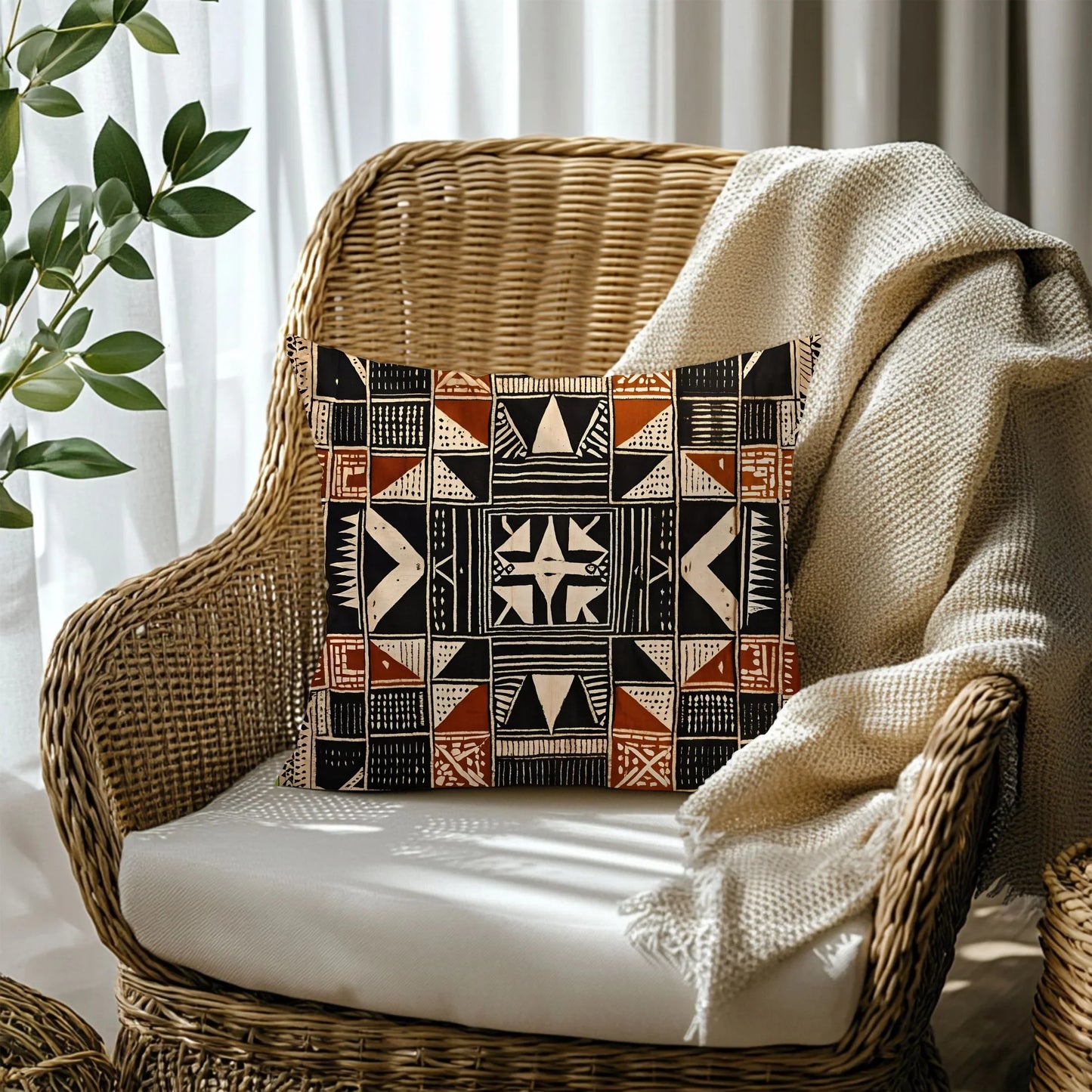 Decorative mud cloth patterned pillow on wicker chair with cream throw blanket, cozy home decor