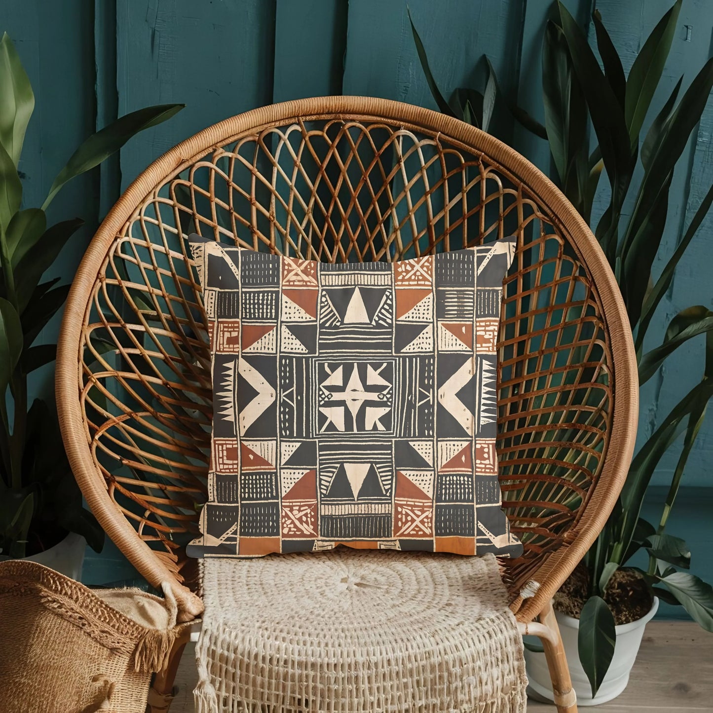 Boho rattan chair with geometric tribal print cushion, teal wall and plants background