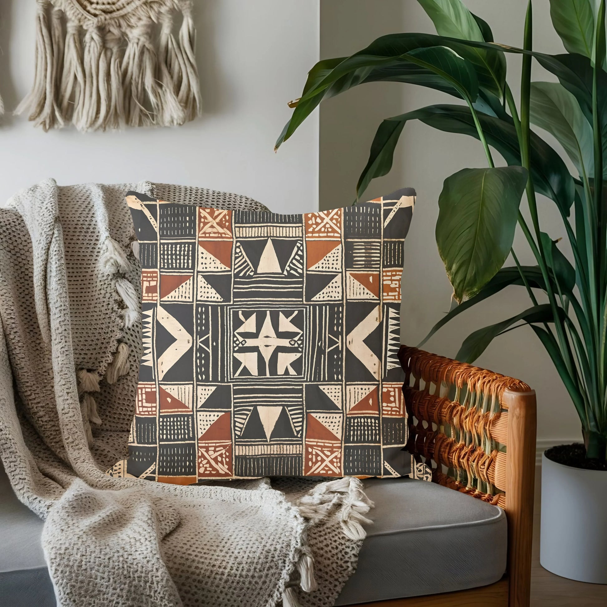 Tribal patterned throw pillow on couch with blanket, indoor plant, and boho wall decor