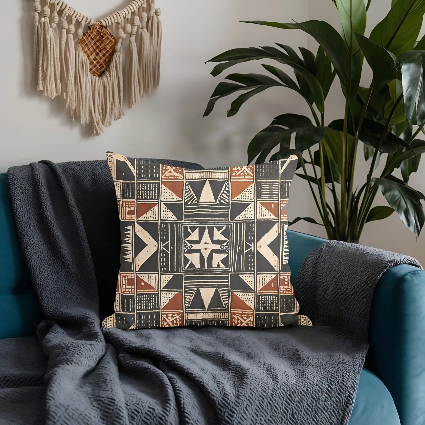 Geometric tribal throw pillow on blue couch with gray blanket, macrame wall art, and indoor plant