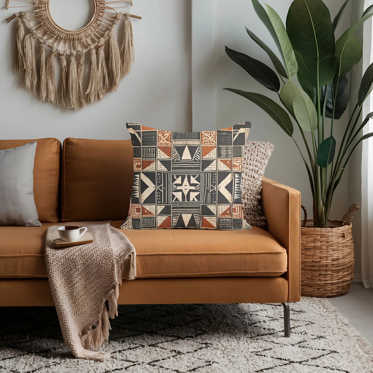 Modern living room with tan sofa, geometric patterned throw pillow, and houseplant
