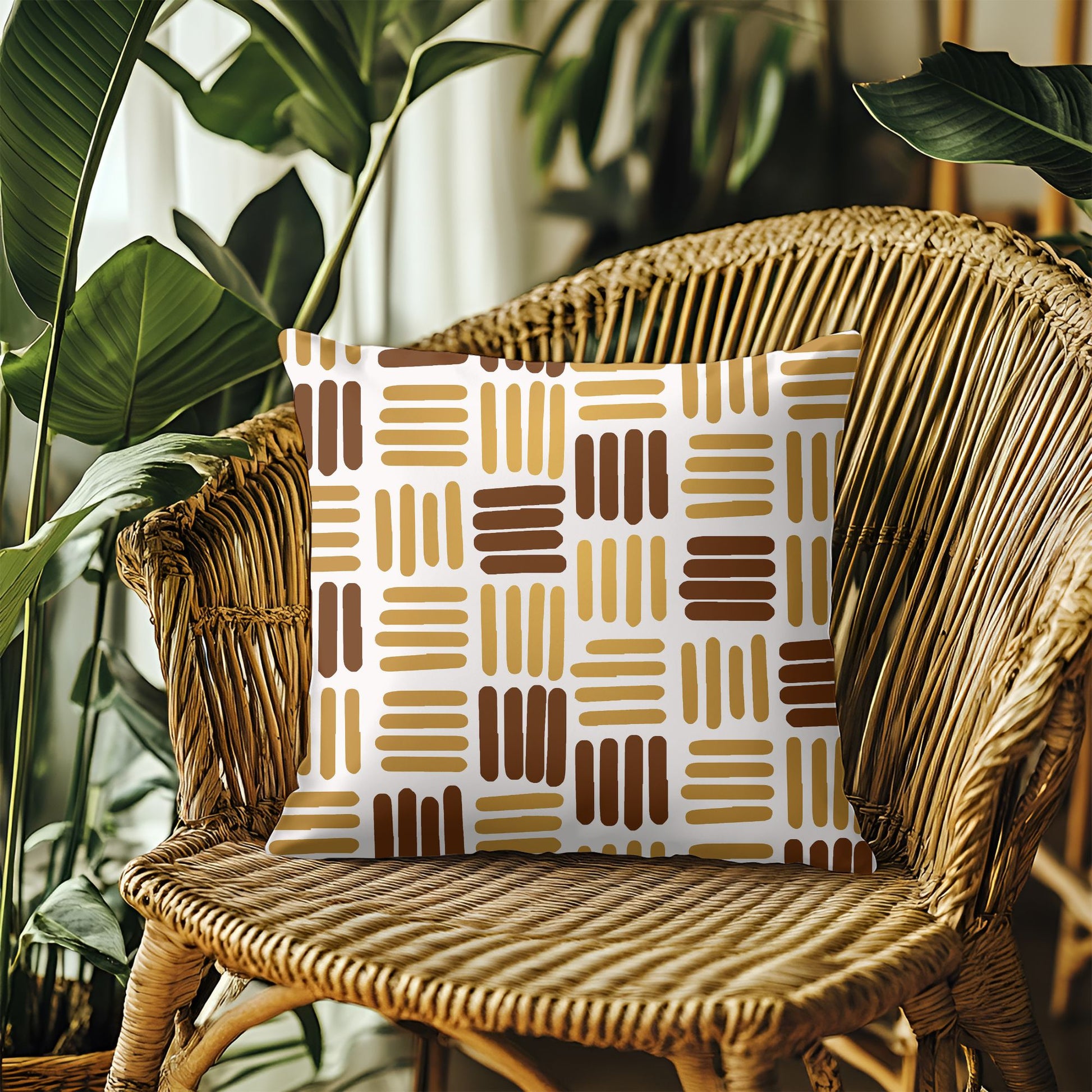 Wicker chair with a patterned pillow surrounded by plants