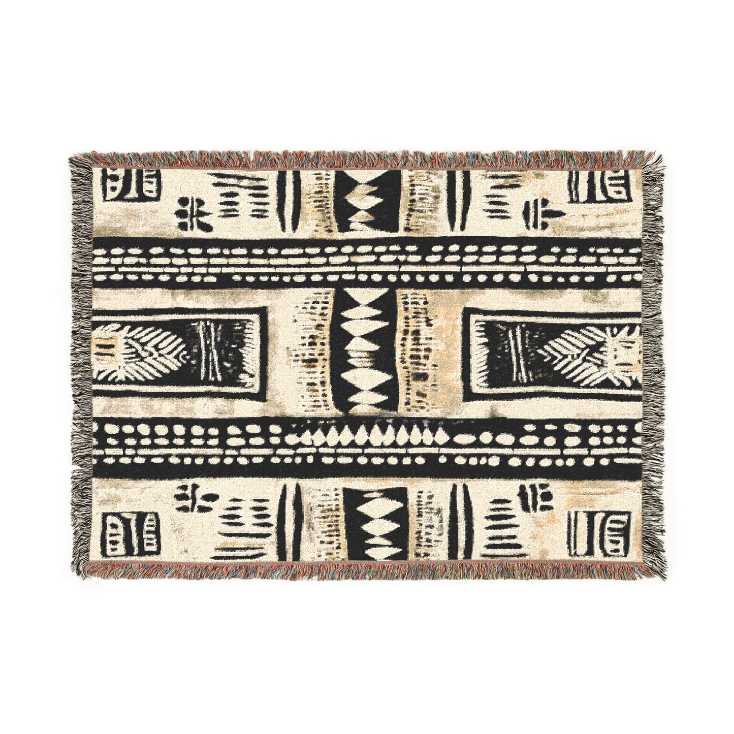 Patterned rug with black and white designs on a beige background