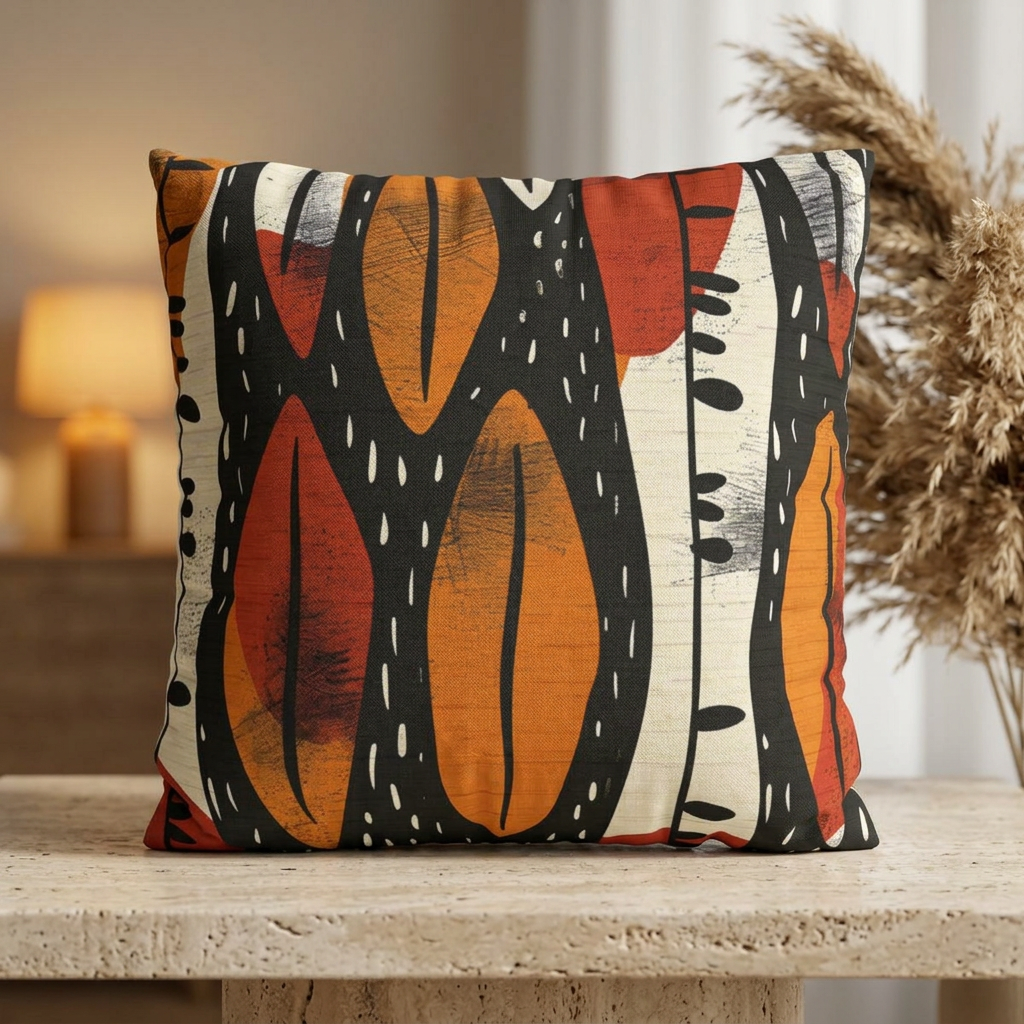 Decorative pillow with abstract pattern on a wooden surface