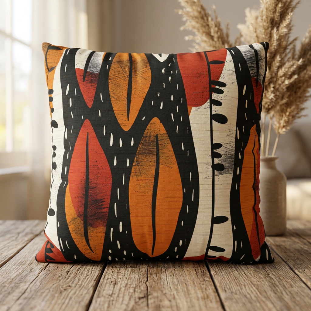 Decorative pillow with a geometric pattern on a wooden surface
