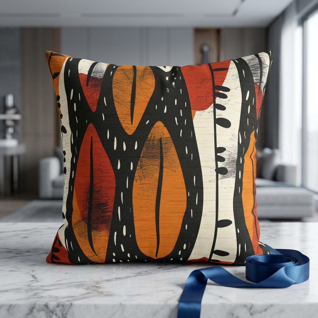 Decorative pillow with a colorful pattern on a marble surface