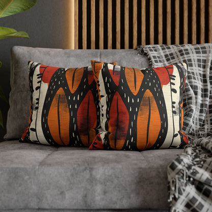 Decorative pillows with autumnal patterns on a gray sofa.