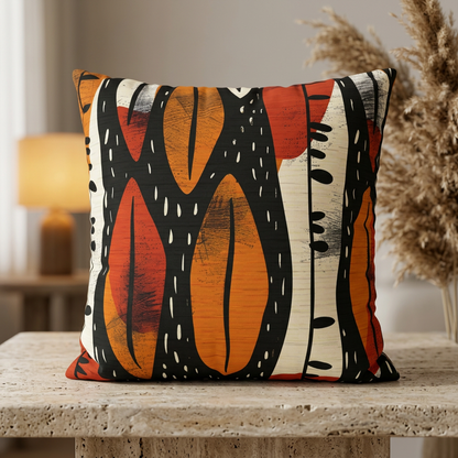 Decorative pillow with a black, orange, and white pattern on a wooden surface.