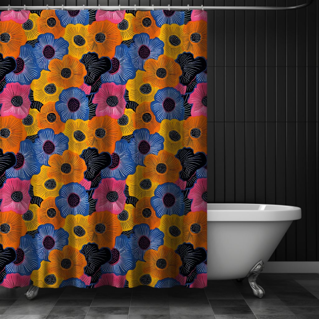 Colorful floral-patterned shower curtain in a bathroom setting.