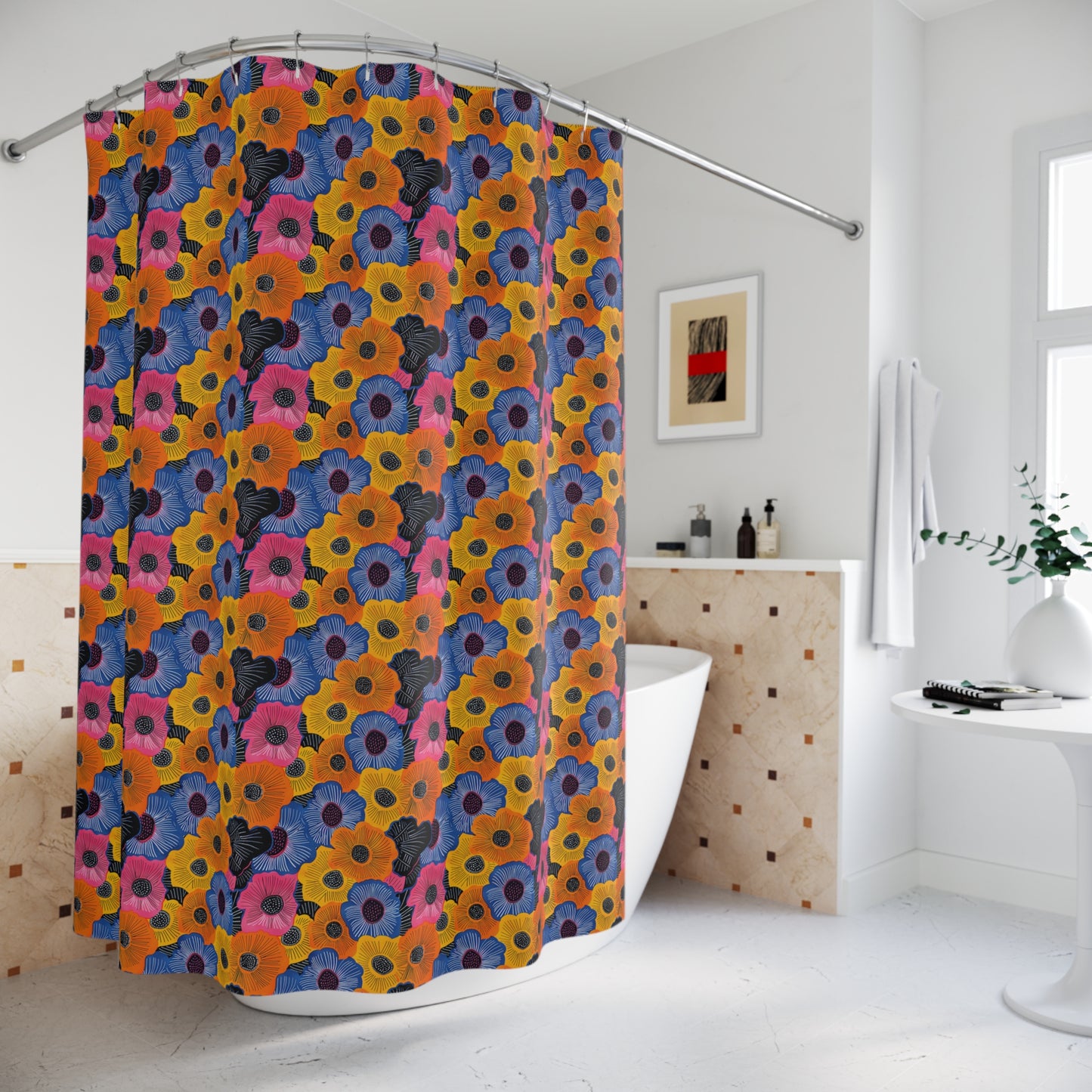 Colorful floral-patterned shower curtain in a bathroom setting