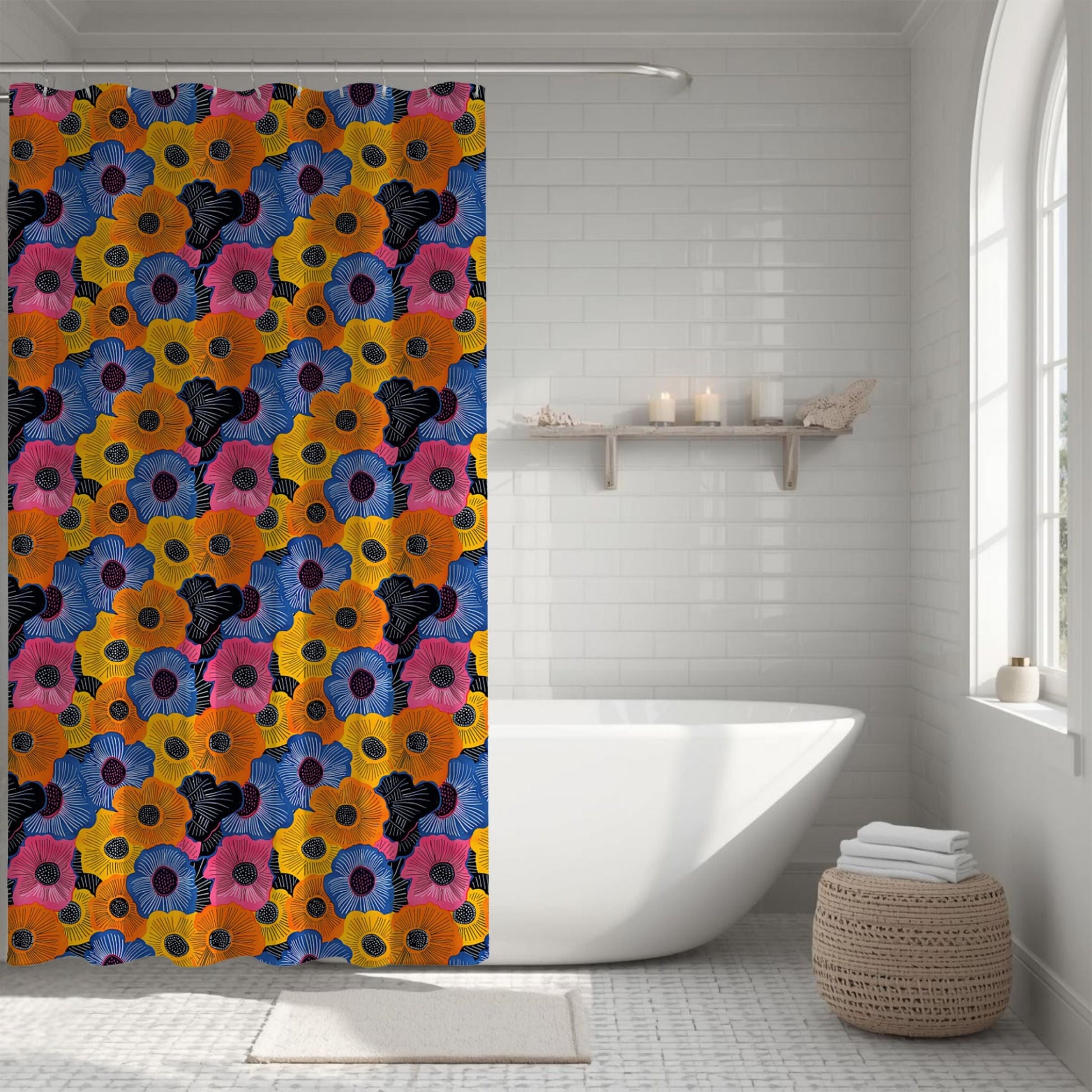Shower curtain with floral pattern in a bathroom setting
