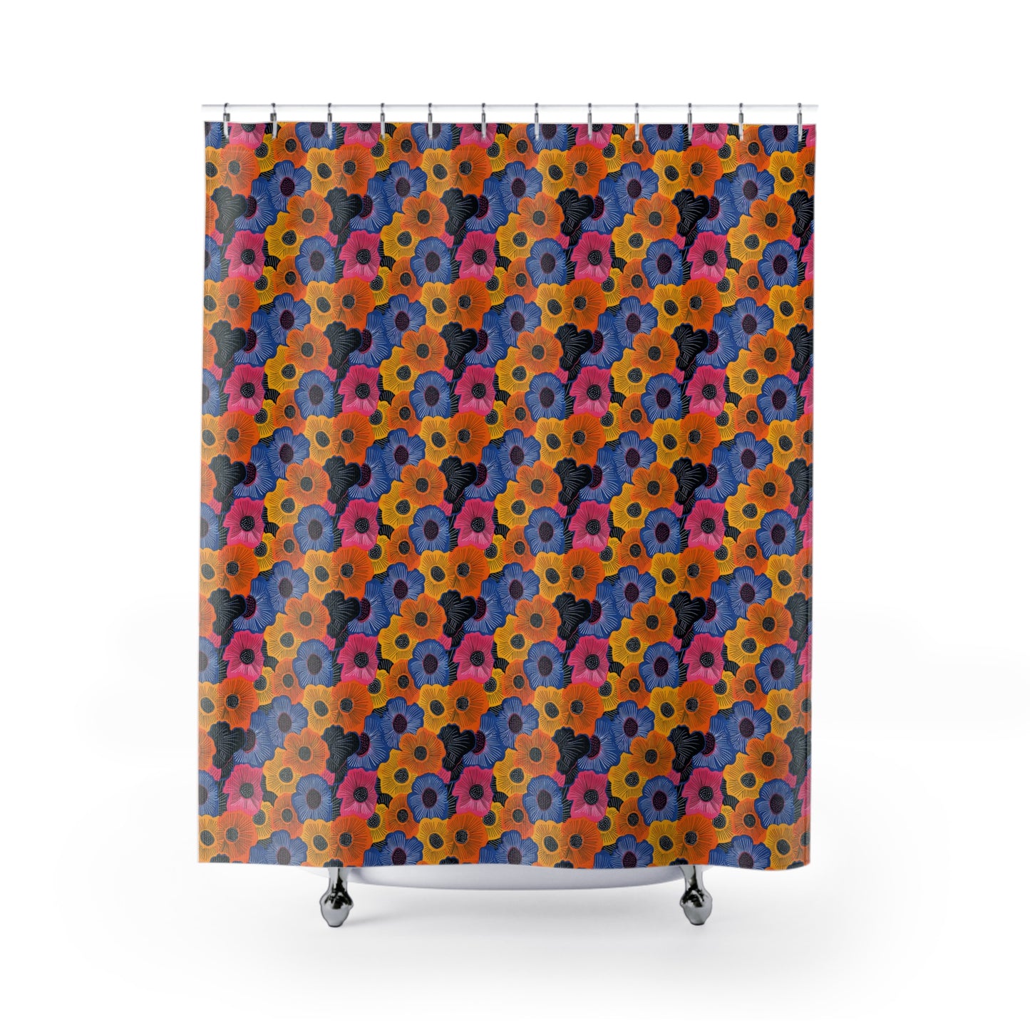 Shower curtain with a colorful geometric pattern on a white background