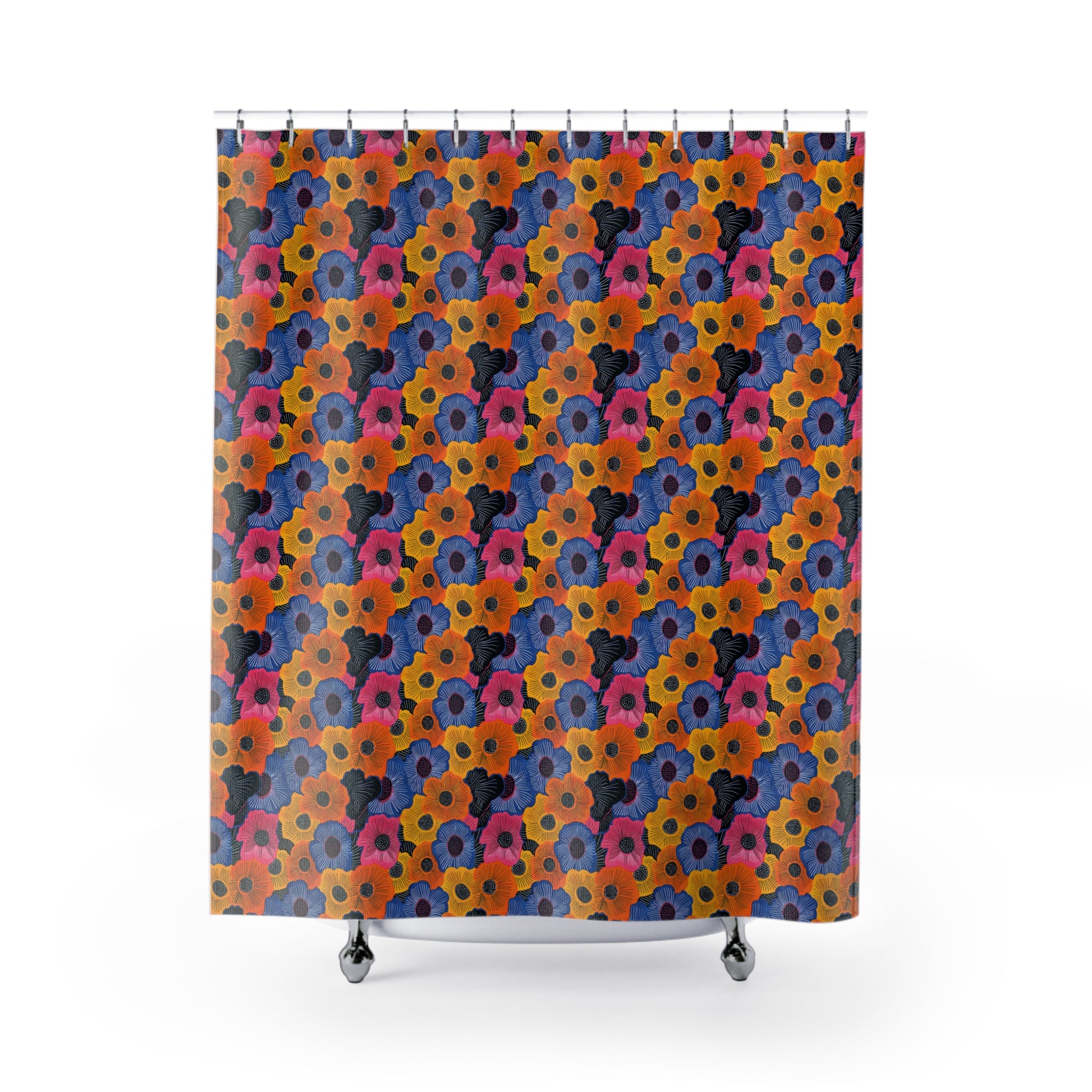 Shower curtain with a colorful geometric pattern on a white background