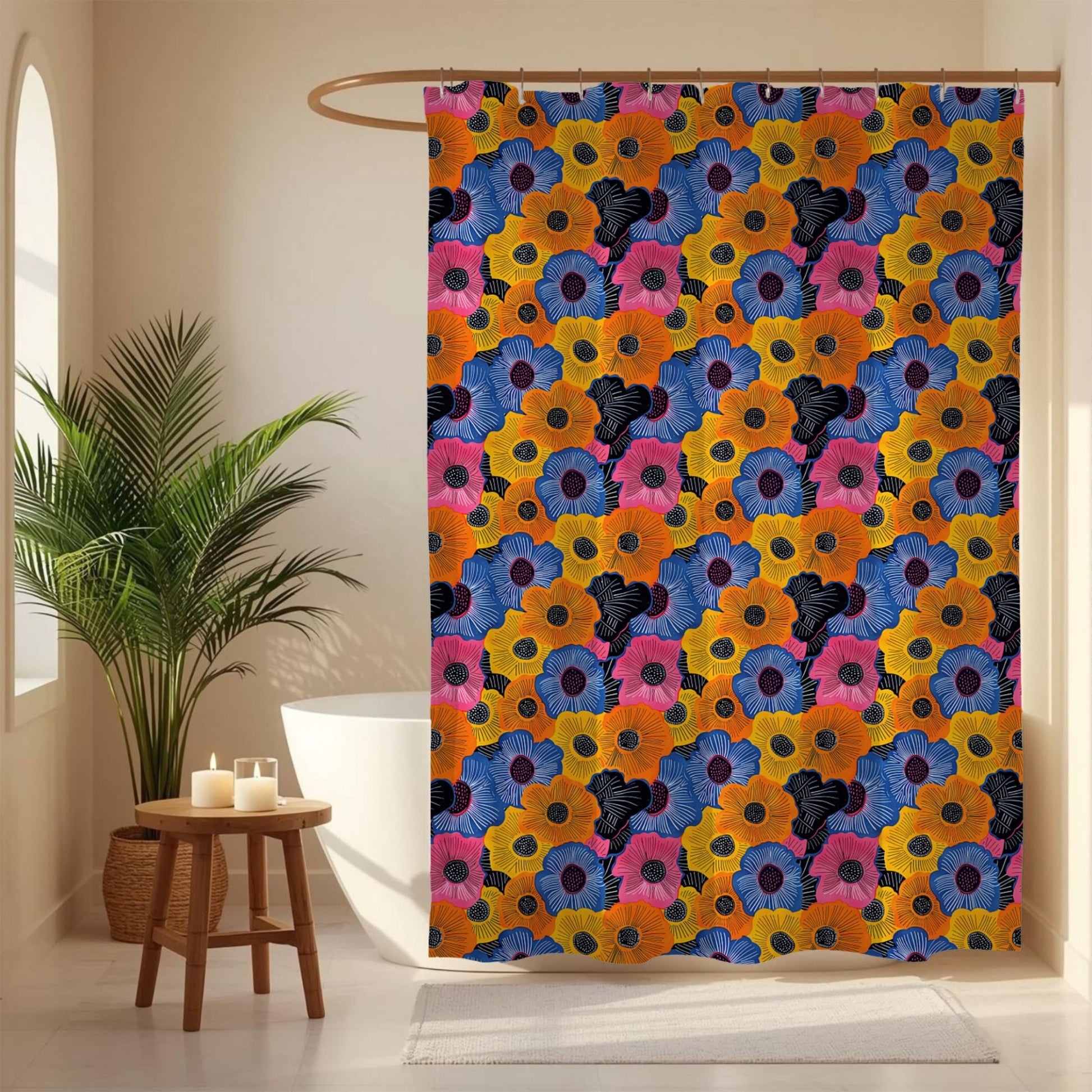Colorful floral-patterned shower curtain in a bathroom setting with a plant and candles.