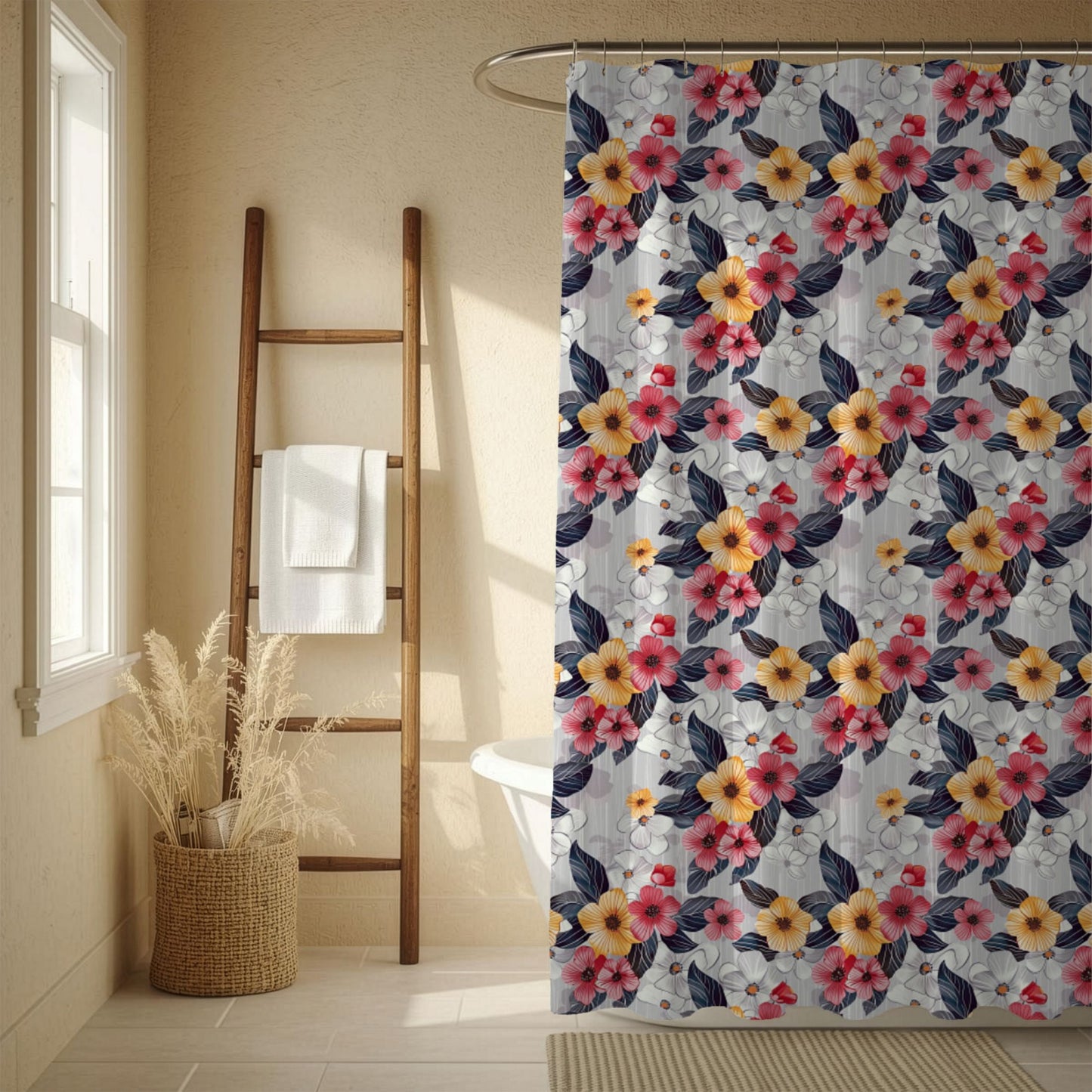 Bathroom with a floral shower curtain, wooden ladder, and basket with plants.