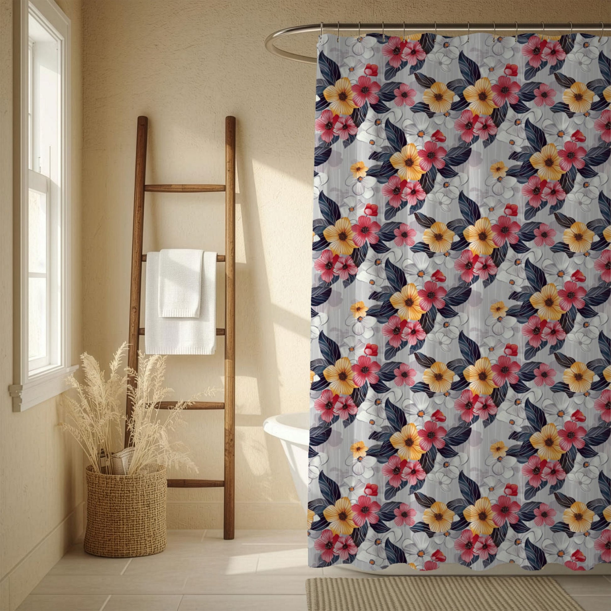 Bathroom with a floral shower curtain, wooden ladder, and basket with plants.