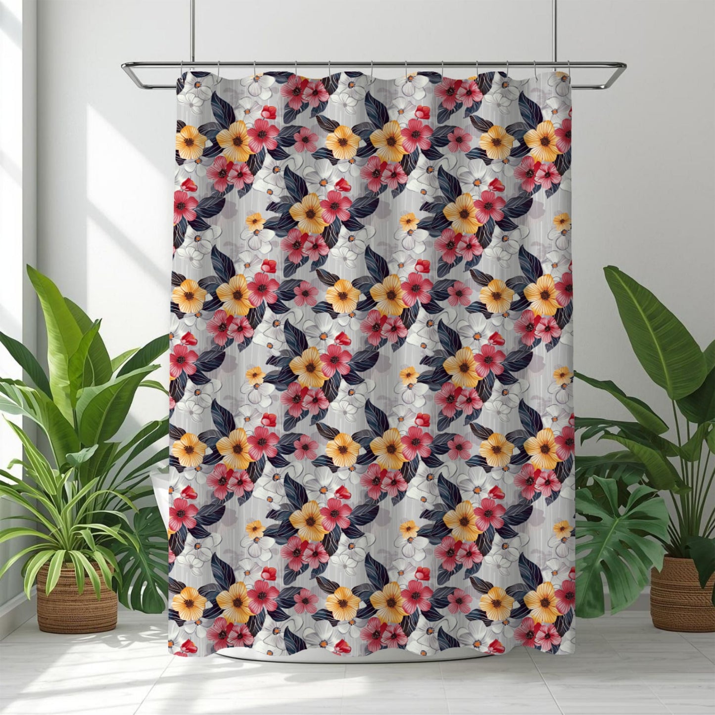 Floral shower curtain with pink, yellow, and red flowers on a gray background, hanging in a bathroom with plants.