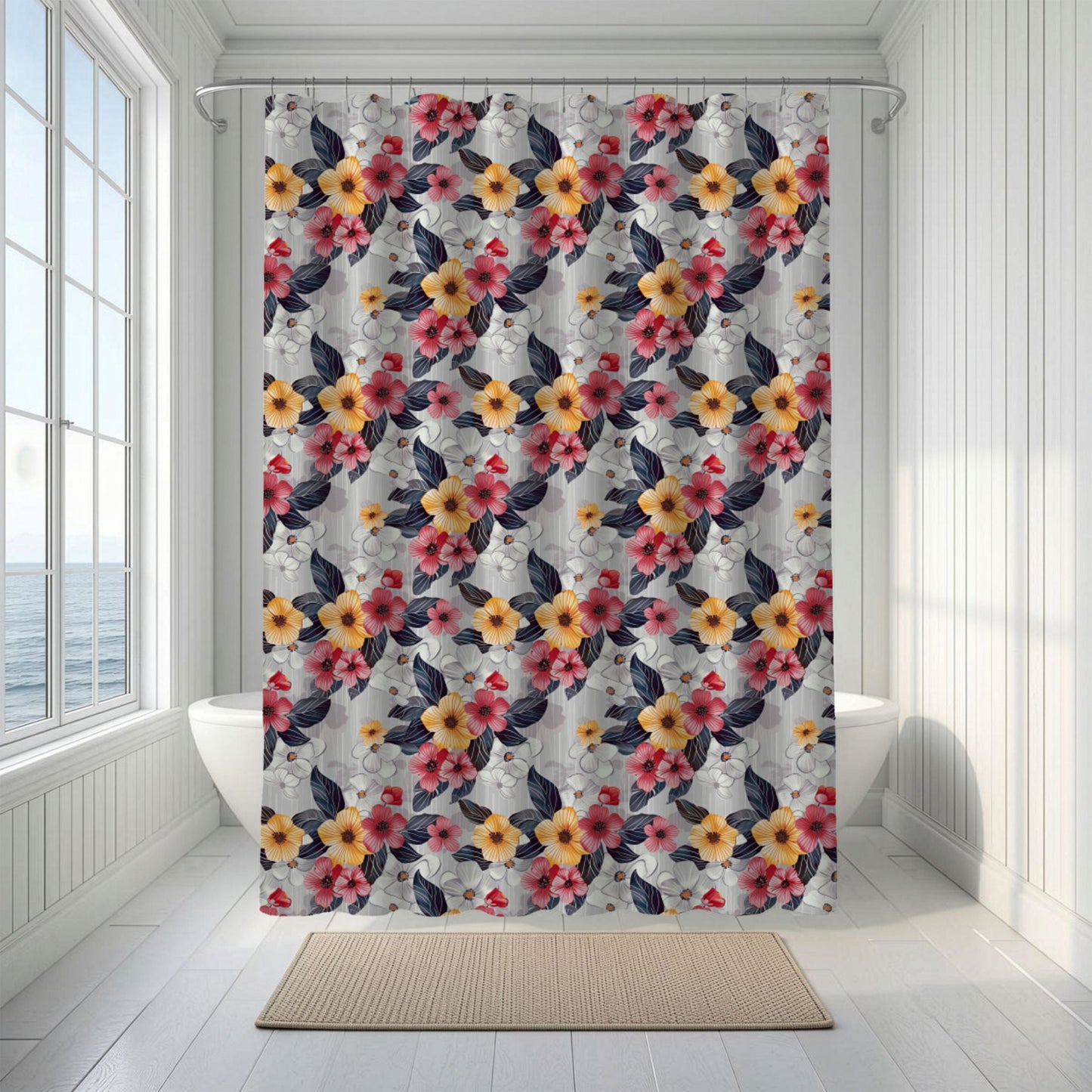 Floral patterned shower curtain in a bathroom with large windows.