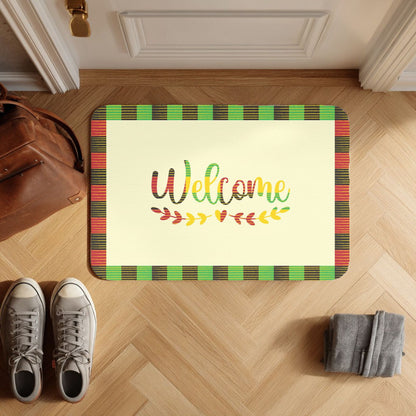 Decorative doormat with 'Welcome' text on a wooden floor, next to shoes and a bag.