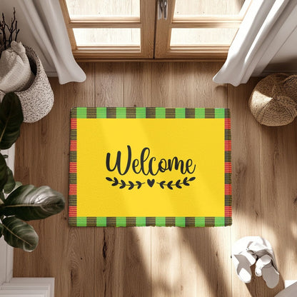 Yellow doormat with 'Welcome' text on a wooden floor